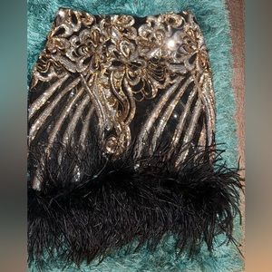Black Gold & Silver sequence mesh skirt with feather trim (New)
